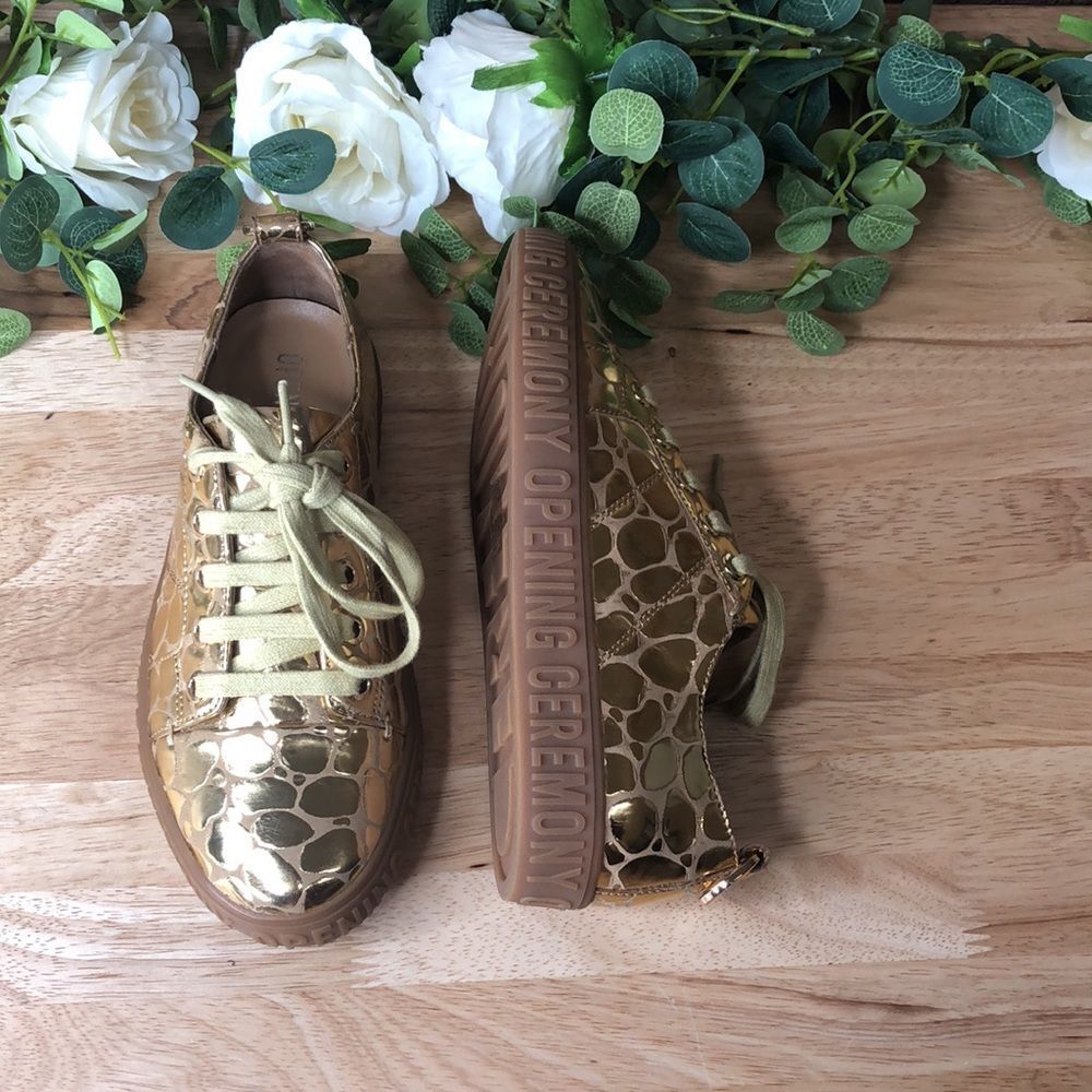 Opening Ceremony La Cienega Metallic Embossed Low Top Sneakers Gold, 5M - Picture 3 of 6